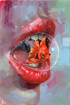 a painting of a goldfish in a red bowl