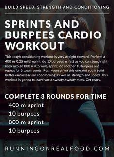 a woman doing exercises with the words sprints and burpies cardio workout