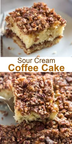 this is a collage of coffee cake with crumbs on top and the words sour cream coffee cake above it