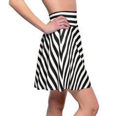 This black and white striped skater skirt is soft to the touch and makes for a great casual look. It is inspired by the freedom of creativity and will instantly become your everyday favorite skirt to wear.  It's made of 100% polyester brushed suede. High Waist Striped Fitted Skirt, Striped Fitted Flared Skirt, Black Skirt With Vertical Stripes For Summer, Striped Fitted Pleated Mini Skirt, Trendy Striped Mini Skirt, Summer Mini Skirt With Vertical Stripes, Chic Striped Stretch Skirt, Striped Flared Skirt For Summer, Fitted White Skirt With Striped Hem