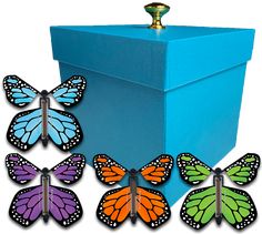 six butterfly shaped magnets in front of a white box with a gold top and handles