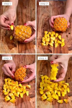 four pictures showing how to cut up pineapples