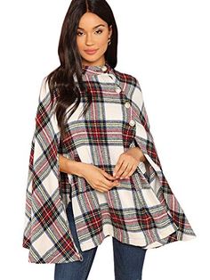 Amazon.com: MAKEMECHIC Women's Double Button Cloak Sleeve Elegant Cape Mock Poncho Classy Coat: Clothing Plaid Cape Coat, Autumn Coats, Elegant Cape, Classy Coat, Plaid Capes, Cape Designs, Plaid Poncho, Plaid Coat, Cape Coat