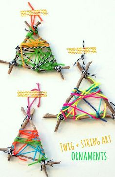 three christmas trees made out of clothes pins and sticks with the words twig string art ornaments