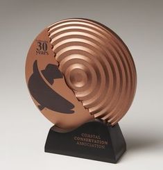 an award is displayed on a black base with a gold disc in the shape of a man's head