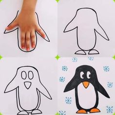 four different pictures of children's hands and penguins