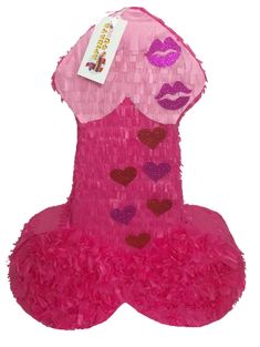 a pink stuffed animal with hearts and lipstick on it's chest, sitting in front of a white background