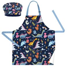 an apron and hat with dinosaurs on it