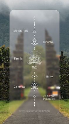 the seven chakras are shown in front of a road with mountains behind them