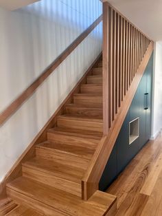 a wooden stair case next to a white wall and wood flooring in a house