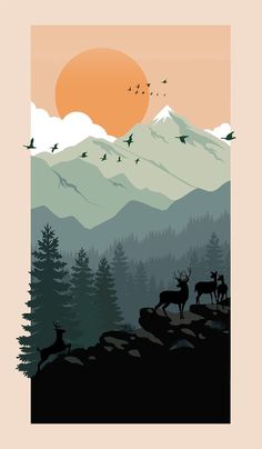 an image of deer in the mountains at sunset