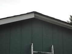 a green building with a ladder up to it's roof and trees in the background