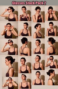 a woman in black tank top and glasses posing for pictures with her hands on her face