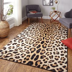 a leopard print rug in a living room