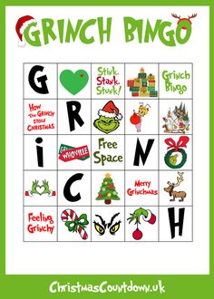 Grinch Bingo - Free Printable Christmas Game Grinch Bingo, Free Printable Grinch, Printable Christmas Bingo Cards, Christmas Bingo Printable, Bingo Christmas, Christmas Party Games For Kids, Christmas Bingo Cards, Grinch Crafts, Christmas Party Activities