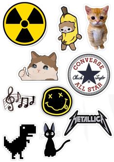 various stickers that include cats, animals and other things in black and yellow colors