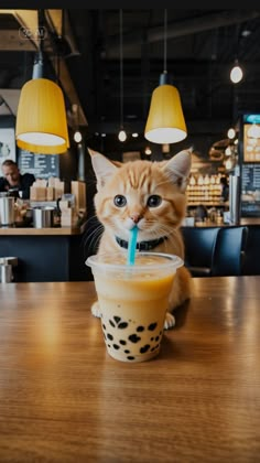 a cat sitting at a table with a drink in it's mouth