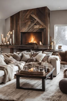 a living room filled with furniture and a fire place in the fireplace surrounded by candles