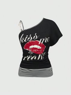 Y2K Vintage Retro Millennium Lip Print Shoulder T-Shirt For Women Black Casual  Short Sleeve Knitted Fabric Figure,Letter,Striped  Medium Stretch  Women Clothing, size features are:Bust: ,Length: ,Sleeve Length: Lip Print, Fashion Mirror, Lips Print, Retro Hairstyles, Women's Shapewear, J Fashion, Print Crop Tops, T Shirt For Women, Bow Hair Clips