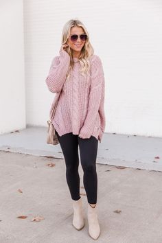 Styling A Pink Sweater, Pink Sweater And Leggings Outfit, Pink Sweaters Outfits, Long Pink Sweater Outfit, Rose Pink Sweater Outfit, Soft Pink Sweater Outfit, Dusty Pink Sweater Outfit, Light Pink Sweater Outfit Winter, Pink Knitted Sweater Outfit