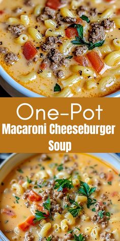 one pot macaroni cheeseburger soup in a bowl