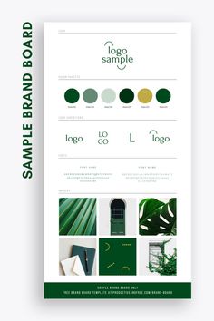 a green and white brochure with the words logo sample written in different colors