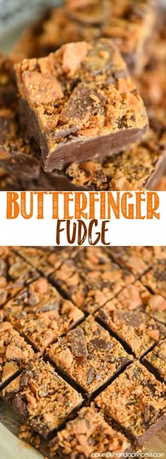 chocolate peanut butter fudge bars stacked on top of each other with the words butterfingerer fudge above them