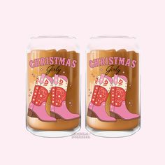 two glass jars with christmas boots on them, one is brown and the other is pink