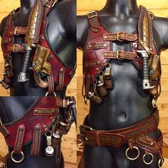 a mannequin wearing a leather harness with chains and buckles