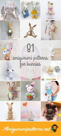 there are many different stuffed animals in this collage with the words 91 amigurmi patterns for bunnies