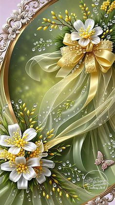 a painting of flowers and butterflies on a green background with gold trim around the edges