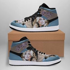 a pair of high top sneakers with an image of a woman's face on the side