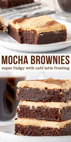 chocolate mocha brownies with caramel frosting on top