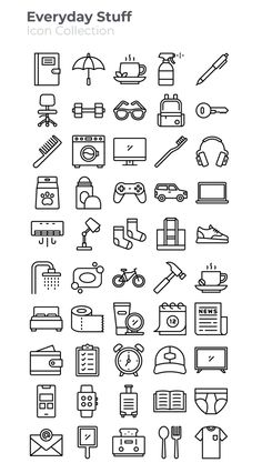 the everyday stuff icon set is shown in black and white