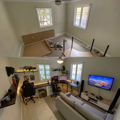 this is an aerial view of a living room and dining room from the second floor