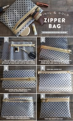 the instructions for how to make a zipper bag with polka dot fabric and wooden handles