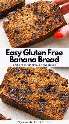 easy gluten free banana bread with chocolate chips on top and the text overlay reads easy gluten free banana bread