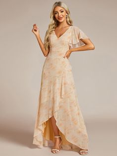 Charming Chiffon Bridesmaid Dress with Lotus Leaf Hemline #color_Golden Roses Romantic Bridesmaid Dresses, Flowy Bridesmaid Dresses, Chinese Fancy Dress, Golden Roses, Long Sleeve Bridesmaid Dress, Casual Wedding Guest Dresses, Concert Dresses, Fall Bridesmaid Dresses, Formal Bridesmaids Dresses