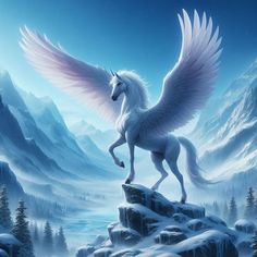 a white unicorn standing on top of a snow covered mountain