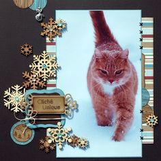 an orange cat walking through snow covered ground next to christmas decorations and tags on a black background