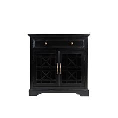 a black cabinet with two doors on one side and an open drawer on the other