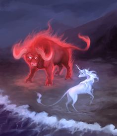 two red and white animals standing on top of a cloud covered ground next to each other