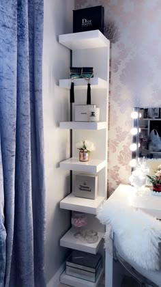 Simple ideas for your makeup room makeuproom glamroom shelf ikeadesigner hollywoodlights lighting Ikea Shelf Ideas Bedroom, Makeup Room Inspiration, Ikea Shelf Decor Bedroom, Makeup Vanity Shelf Ideas, Room Shelfs Aesthetic, Vanity Shelf Ideas Bedroom, Aesthetic Shelf Decor Ideas, Diy Ikea Lack Shelf, Ikea Shelf Aesthetic