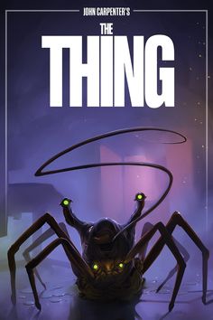 the cover to john carpenter's the thing, featuring a giant spider with glowing eyes