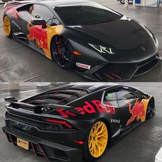 two pictures of a black sports car with red and yellow flames painted on the side