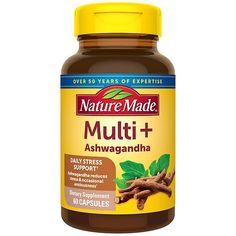 Nature Made Multi + Ashwagandha capsules provide daily stress support. This multivitamin for men and women provides 21 key nutrients for daily nutritional support, including Vitamin D, Vitamin C, Calcium, Zinc, Vitamin B12 and other types of Vitamin B. This men and women's multivitamin also provides 125 mg Sensoril Ashwagandha root and leaf extract. Ashwaganda reduces stress and occasional anxiousness. A multivitamin like this one provides key minerals and vitamins for women and men to support Womens Vitamins, Vitamins For Men, Multivitamin For Women, Nature Made Vitamins, Kids Multivitamin, Multivitamin Tablets, Ashwagandha Root, Men's Vitamins, Well Balanced Diet