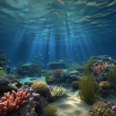 an underwater scene with corals and seaweed in the foreground, sunlight streaming through the water