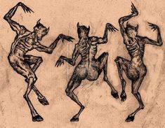 three skeletons are dancing with their hands in the air and one is holding his head