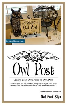 an owl post is sitting next to a birdcage and some other items on the table