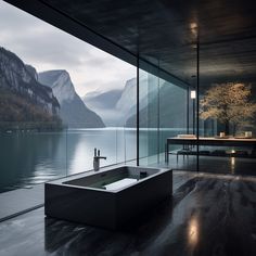 a bathtub sitting on top of a black floor next to a lake